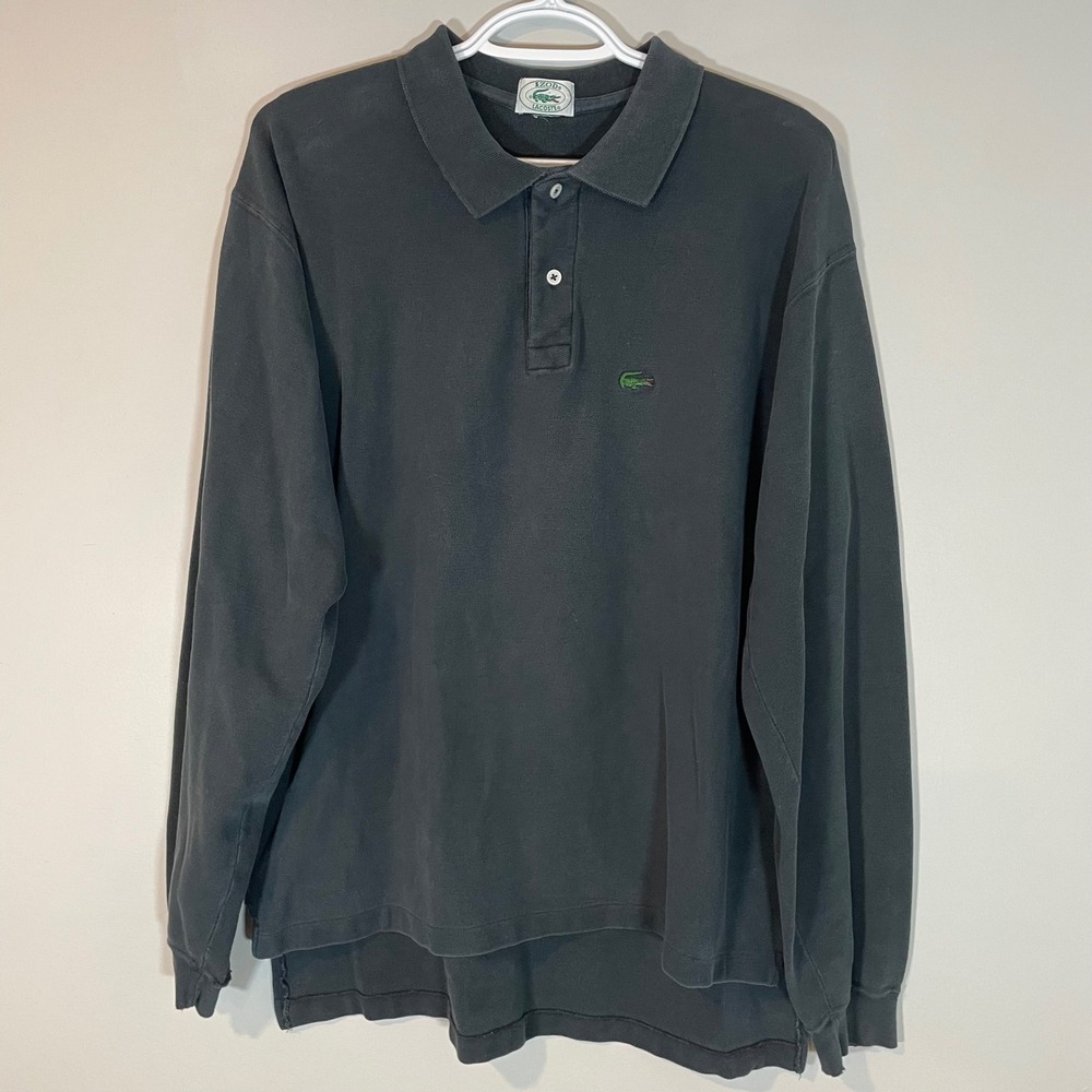 Vintage Izod Lacoste Mens Long Sleeve Polo Shirt Charcoal Grey Pique Logo XL